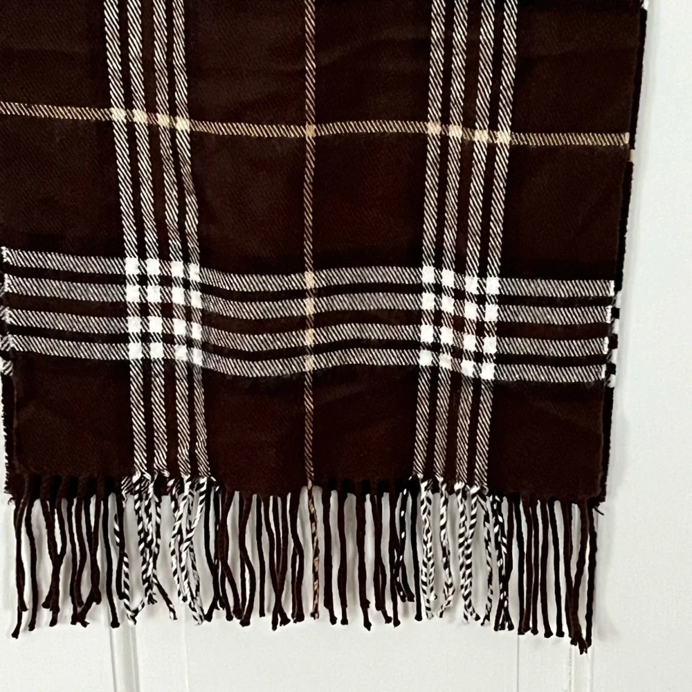 Cashmere 100% Made In Scotland Brown White Plaid Fringe Scarf Unisex One Size